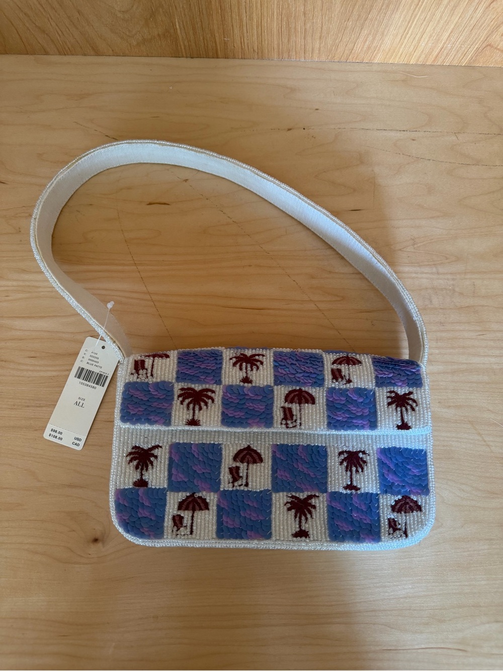 Anthropologie White Shoulder Bag with Purple Bead Checker & Palm Motif